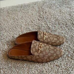 Coach Tan Signature Logo Slip-On Sienna Mules with Gold-Tone Hardware